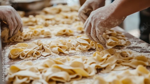 In a busy kitchen, chefs with flour-dusted hands work meticulously on a production line, folding and preparing fresh pasta. This scene captures the artistry and precision of food preparation. photo