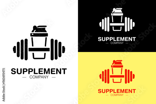 a shaker bottle and dumbbell, supplements company logo, workout, gym, body building, weight lifting, muscles, nutrition, diet, gym products, protein, vitamin, icon, vector arts,