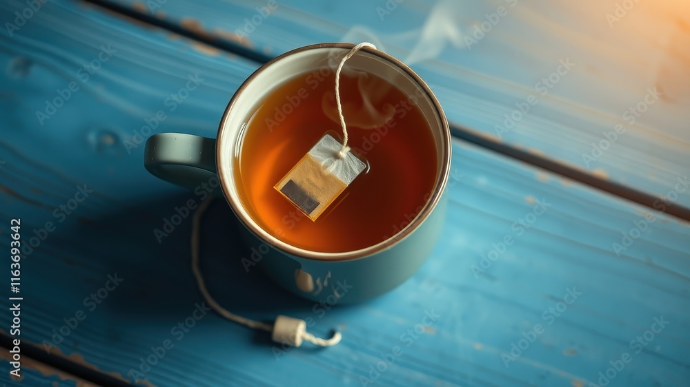 Aromatic Brew Steaming Cup of Tea with Teabag on Rustic Blue Wooden Surface Aromatic Brew Steaming Cup of Tea with Teabag on Rustic Blue Wooden Surface