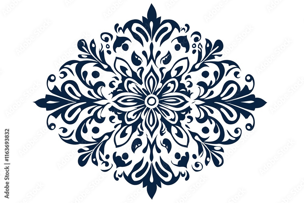 Ornate Decorative Motif in Dark Navy Blue on White Background Ornate Decorative Motif in Dark Navy Blue on White Background