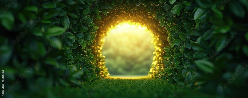 Mystical natural concept. A serene archway of greenery leading to a warm, glowing light in the background. Mystical natural concept. A serene archway of greenery leading to a warm, glowing light in the background.