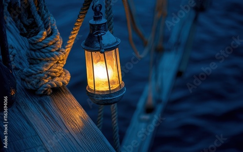 A single lantern hanging on a ship's mast, casting a soft glow over the deck, set against a deep navy blue background  photo