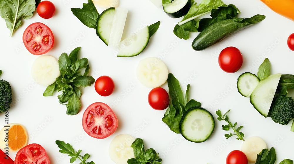 Fresh vegetable and fruit pattern with sliced tomato, cucumber, and greens on white background Fresh vegetable and fruit pattern with sliced tomato, cucumber, and greens on white background