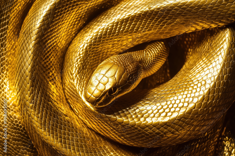 Fototapeta premium Golden snake coiled luxury serpent with shining scales in focus