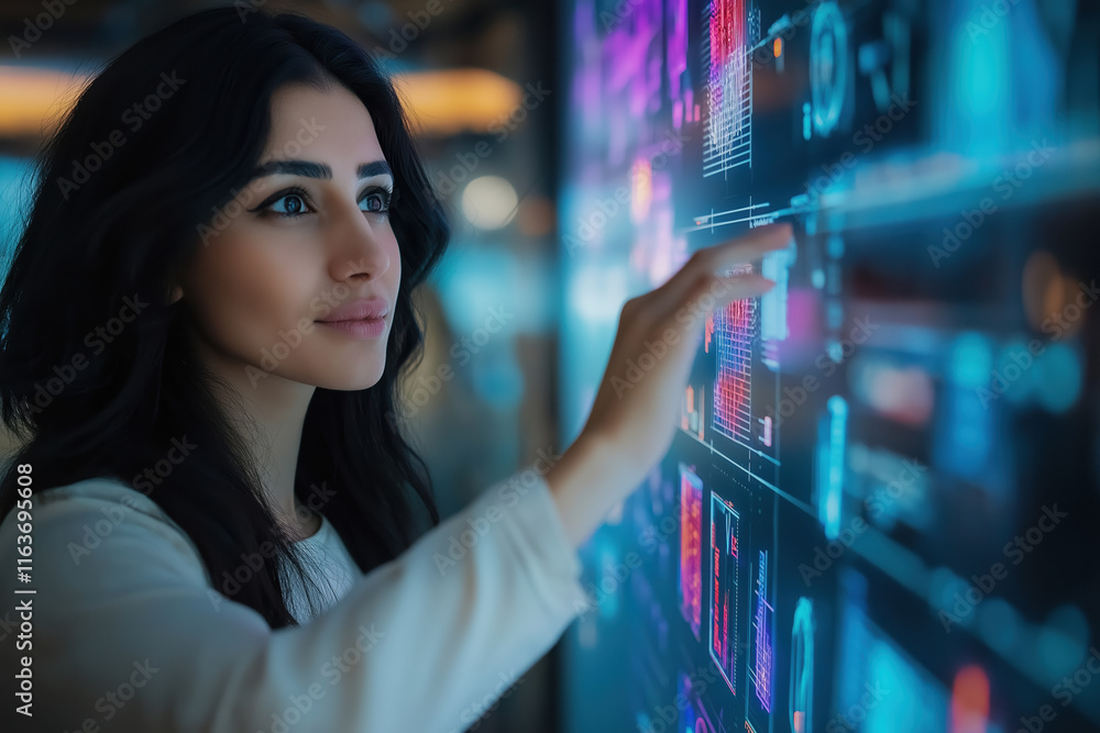 Woman interacting with futuristic digital interface in a modern setting Woman interacting with futuristic digital interface in a modern setting