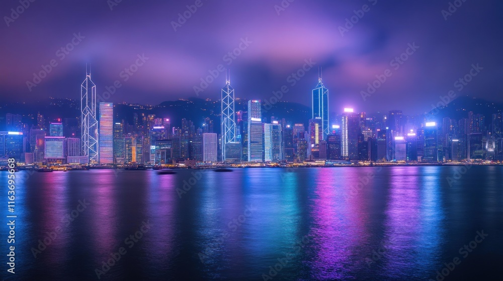 Vibrant Skyline at Night: A Dazzling Display of City Lights and Reflections Vibrant Skyline at Night: A Dazzling Display of City Lights and Reflections