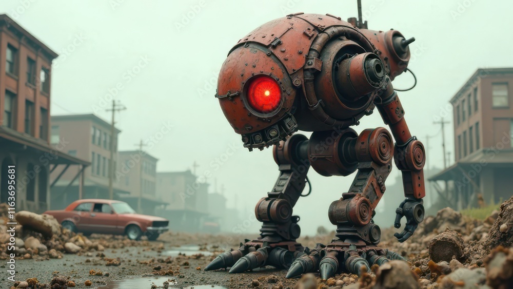 post-apocalyptic robot, rusty battle-worn design, glowing red eye, abandoned wasteland, wrecked cars, decaying buildings, gritty dystopian atmosphere, survival scene, science fiction post-apocalyptic robot, rusty battle-worn design, glowing red eye, abandoned wasteland, wrecked cars, decaying buildings, gritty dystopian atmosphere, survival scene, science fiction