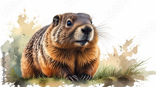 Watercolor groundhog on white background. Celebration 2 February, greeting card, wallpaper, art.