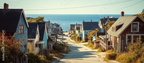 Quaint coastal town street with pastel houses overlooking ocean. photo