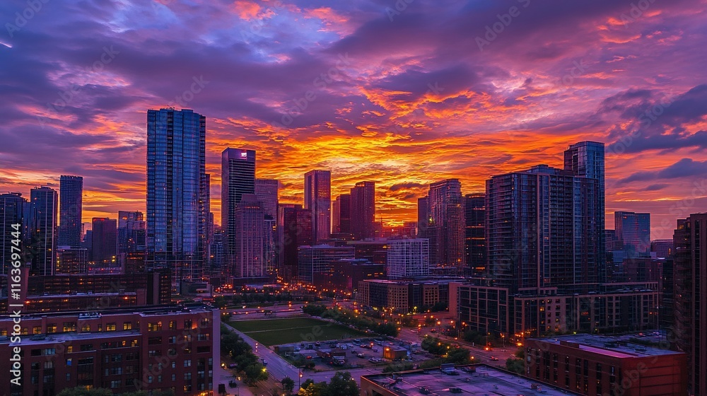 Fototapeta premium Fiery Sunset Over Chicago Skyline