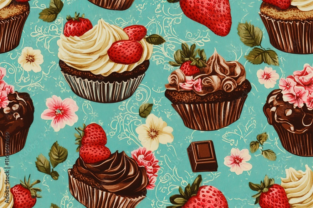 Sweet Cupcake Pattern on Teal Background Sweet Cupcake Pattern on Teal Background