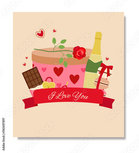 Card with the inscription "I love you" and holiday symbols on a pink background. Banner template. Vector illustration. Flat illustration.