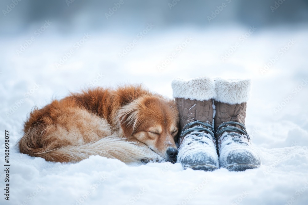 Golden retriever puppy sleeps by snowy boots in a winter wonderland Golden retriever puppy sleeps by snowy boots in a winter wonderland