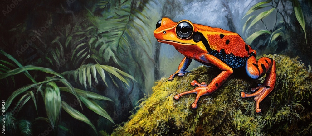 Vibrant Tropical Frog Perched on Mossy Rock.