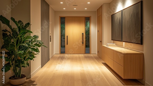 A contemporary hallway with a modern light wood door, wooden flooring, and minimalistic side cabinets for artwork or decor photo