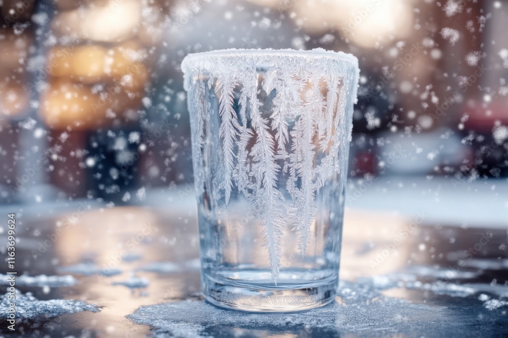 Frosted glass cup surrounded by snowflakes on a winter day in a cozy outdoor setting Frosted glass cup surrounded by snowflakes on a winter day in a cozy outdoor setting