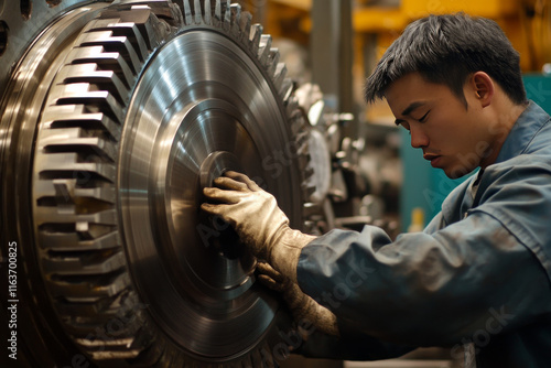 close up below A factory worker operates heavy machinery, focusing intently as he adjusts mechanical components. the industrial environment and the technical expertise required for the task. photo