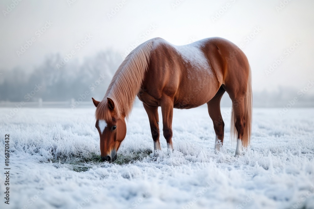 Brown horse grazing in a snowy field during winter morning light with frost covering the grass Brown horse grazing in a snowy field during winter morning light with frost covering the grass