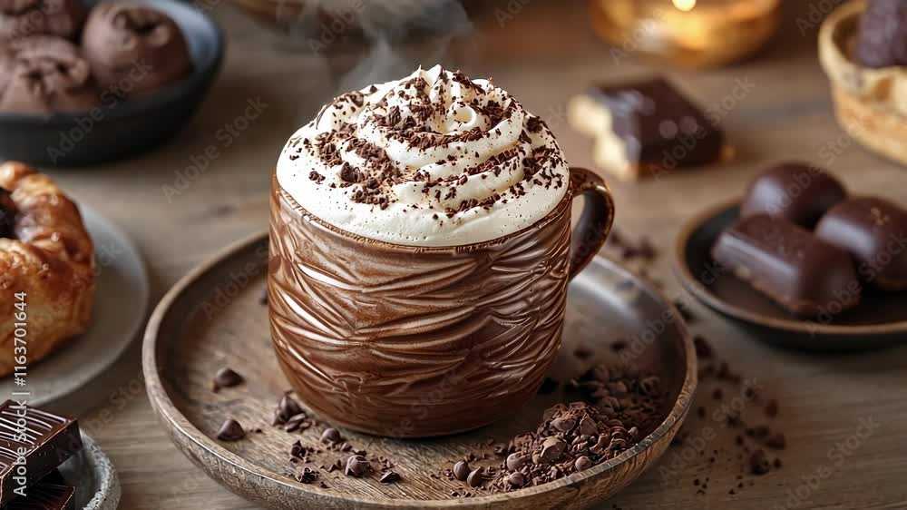Steaming hot cocoa in a textured ceramic mug topped with whipped cream and chocolate shavings. Mocha mousse tones Steaming hot cocoa in a textured ceramic mug topped with whipped cream and chocolate shavings. Mocha mousse tones