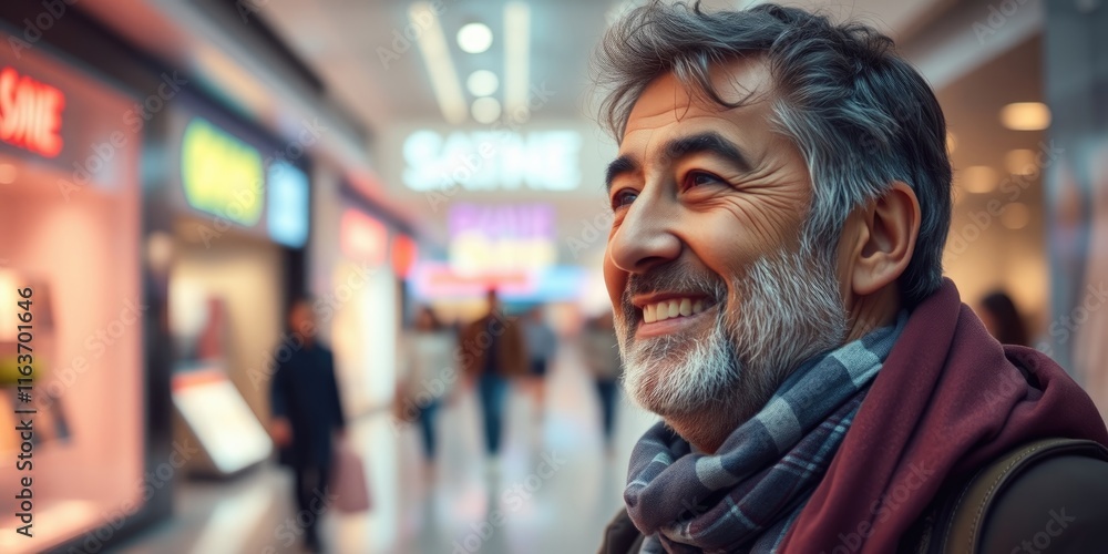 A satisfied man walks through a bustling mall, wearing a warm scarf and a smile. He radiates happiness, embracing the thrill of shopping and leisurely exploration A satisfied man walks through a bustling mall, wearing a warm scarf and a smile. He radiates happiness, embracing the thrill of shopping and leisurely exploration