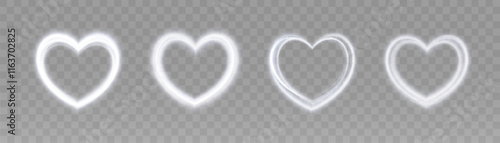 White bright glowing trail forms heart shape with smooth curves on transparent background, vector design symbolizing Valentine, love, romance and holiday.