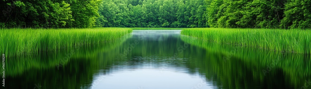 A serene landscape featuring a tranquil river surrounded by lush greenery. A serene landscape featuring a tranquil river surrounded by lush greenery.