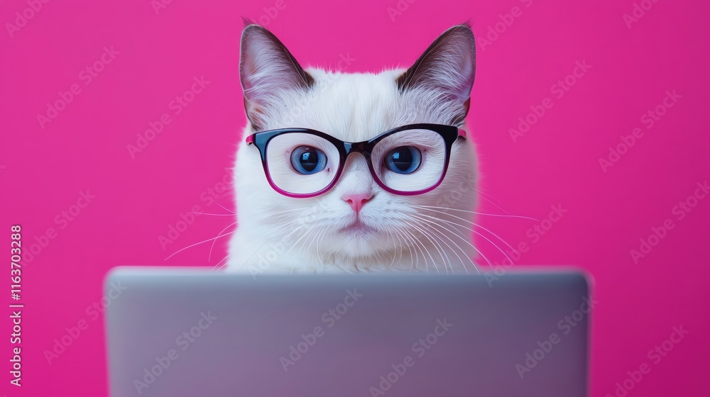 A smart-looking cat wearing glasses sits in front of a laptop on a vibrant pink background. A smart-looking cat wearing glasses sits in front of a laptop on a vibrant pink background.