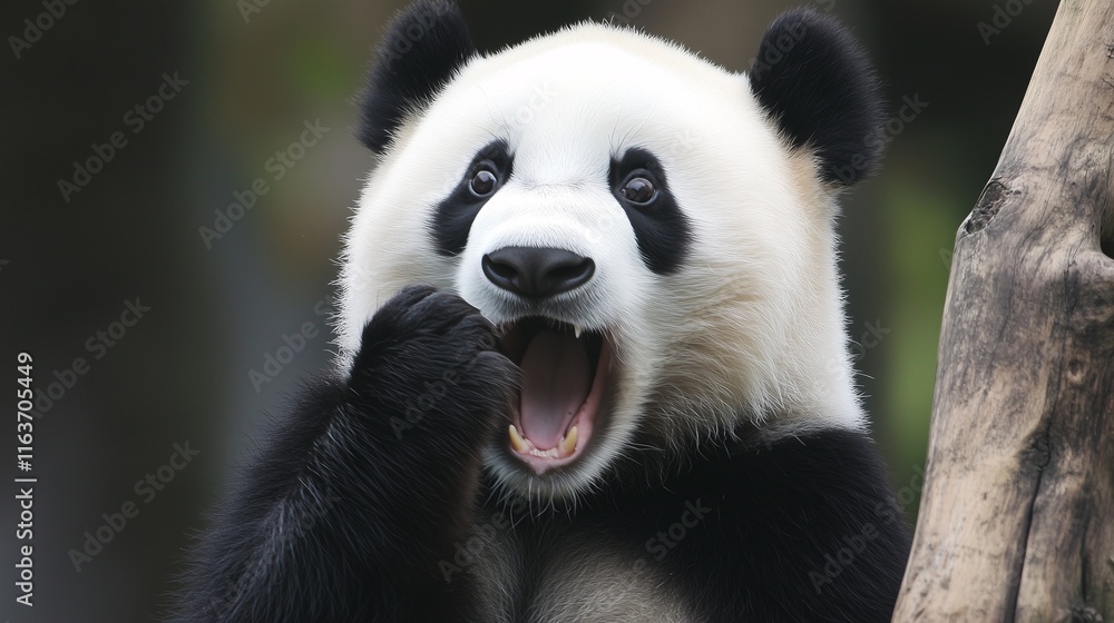 Fototapeta premium Giant panda with a surprised expression, mouth open, isolated against a blurred natural background.