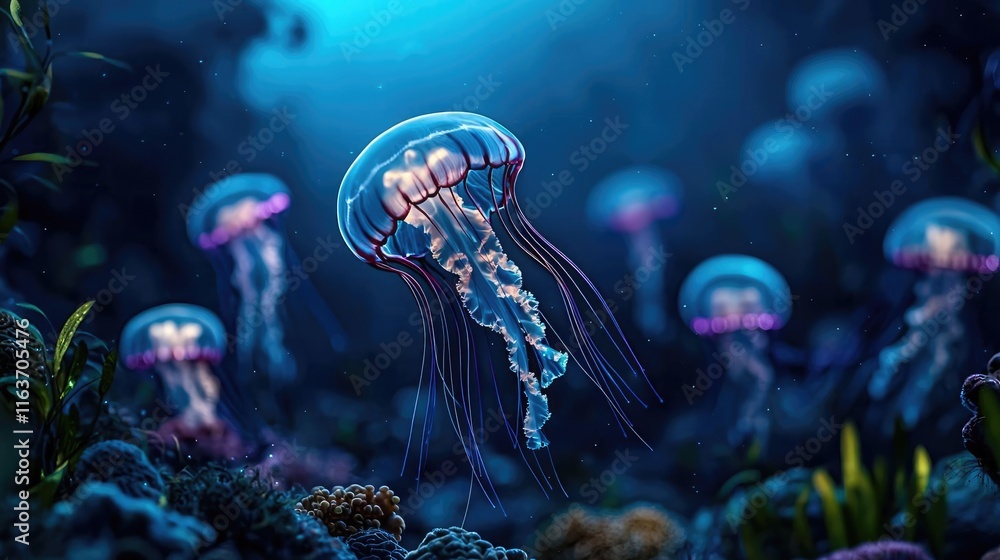 Obraz premium Mystical ecosystem concept. A mesmerizing underwater scene featuring luminous jellyfish drifting gracefully.