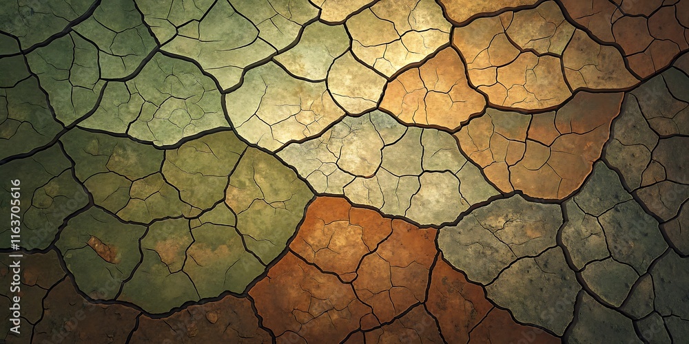 Abstract cracked earth texture with multicolored patches in shades of green, brown, and orange, resembling a mosaic or stained glass pattern, perfect for backgrounds and designs Abstract cracked earth texture with multicolored patches in shades of green, brown, and orange, resembling a mosaic or stained glass pattern, perfect for backgrounds and designs