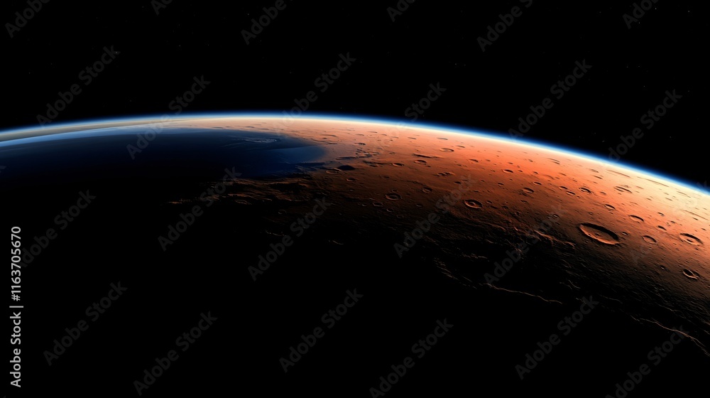 Fototapeta premium Stunning Martian Landscape- Red Planet Surface, Cratered Terrain, Space Exploration