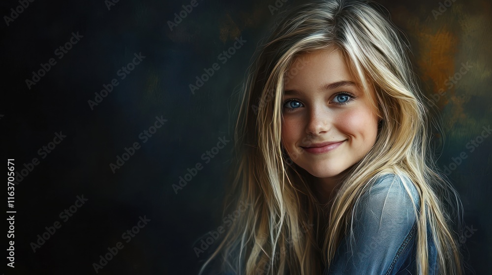 Naklejka premium Portrait of a Smiling Young Girl with Long Blonde Hair and Blue Eyes
