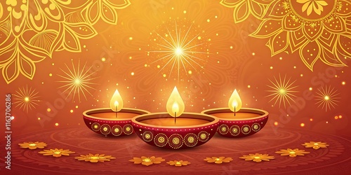 Beautiful diwali celebration with three illuminated diyas and intricate rangoli design on a warm golden background photo