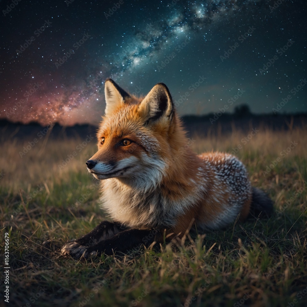 Obraz premium A cosmic fox cub with nebula-like fur lying in a field, with blurred starlight.