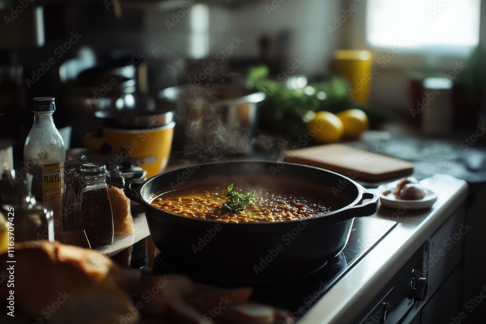 A warm, steaming pot of soup cooking in a cozy kitchen, surrounded by fresh ingredients and spices. A warm, steaming pot of soup cooking in a cozy kitchen, surrounded by fresh ingredients and spices.