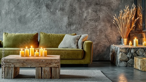 A contemporary living room with a soft olive green sofa, a reclaimed wooden coffee table with lit candles, and rustic stone and metal decor photo