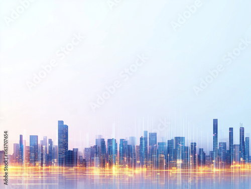 Vector illustration urban architecture, cityscape with space and neon light effect. Modern hi-tech, science, futuristic technology concept. Abstract digital high tech city design for banner background photo