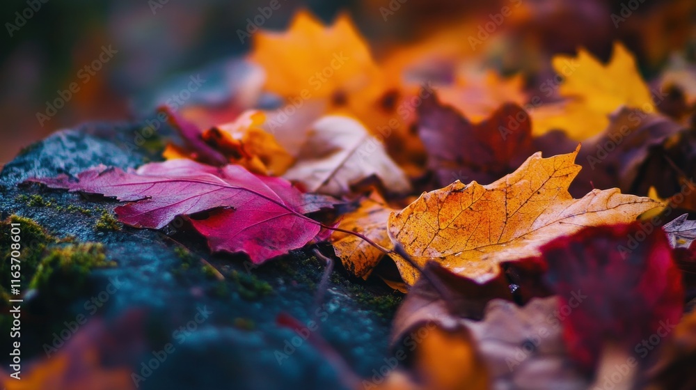 Autumn Leaves on a Mossy Rock: A Close-Up View of Nature's Colorful Transition Autumn Leaves on a Mossy Rock: A Close-Up View of Nature's Colorful Transition