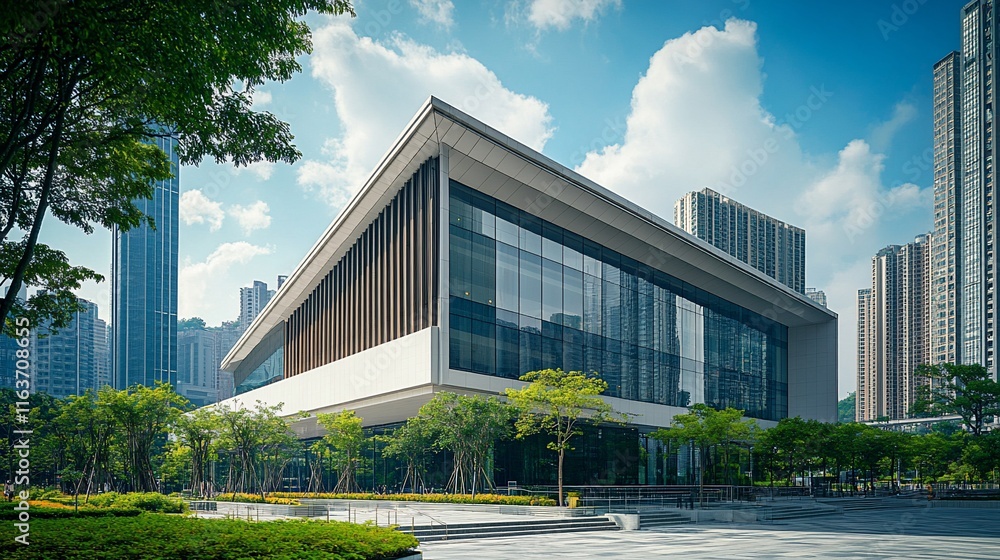 Modern glass office building in a city park setting. Lush greenery and modern architecture. Modern glass office building in a city park setting. Lush greenery and modern architecture.