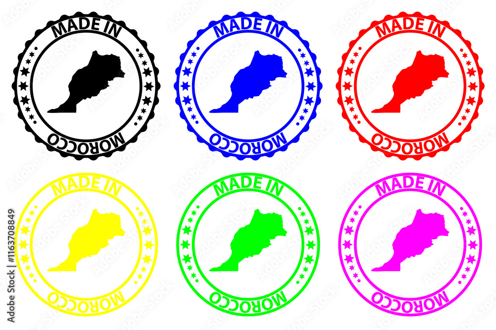 Made in Morocco - rubber stamp - vector, Kingdom of Morocco map pattern - black, blue, green, yellow, purple and red Made in Morocco - rubber stamp - vector, Kingdom of Morocco map pattern - black, blue, green, yellow, purple and red