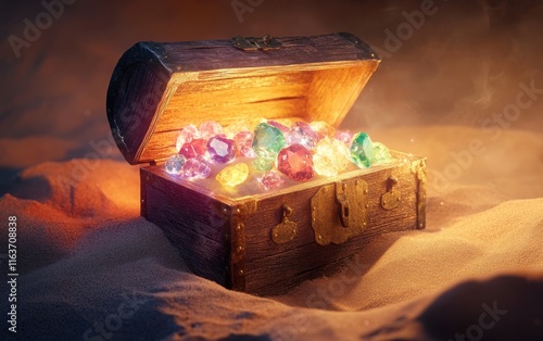 A treasure chest half-buried in sand, with faintly glowing gemstones spilling out, set against a warm taupe background 