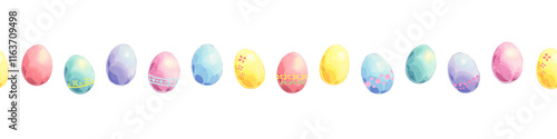 Spring easter seamless border of colorful eggs. Festive watercolor illustration isolated on white background. Minimalistic design. Template for invitations, easter cards, greetings photo