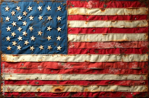 The USA flag made of stitched quilt fabric, cloth, old and dirty, and full of stains, american flag, United States flag