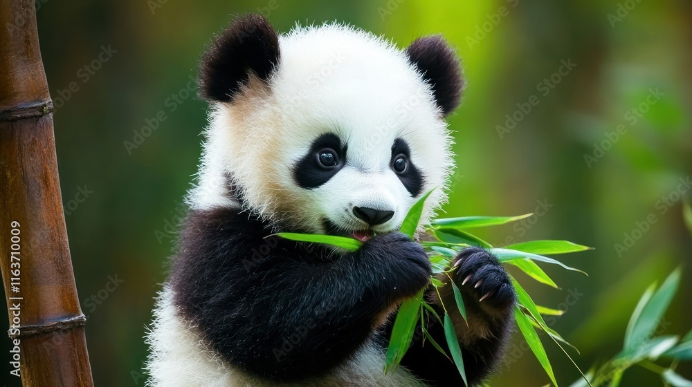 Fototapeta premium Adorable Panda Cub Enjoying a Bamboo Feast in its Natural Habitat