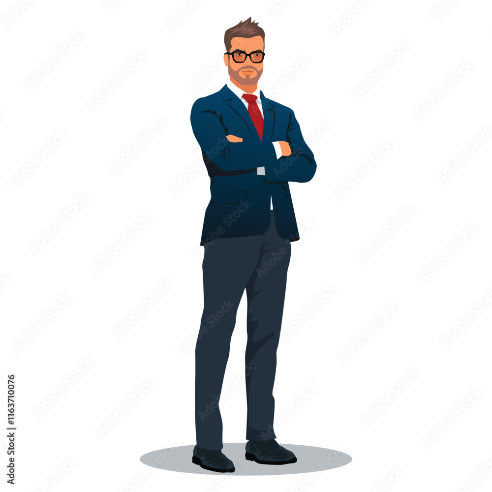 businessman standing with hands crossed, confident man in office clothes with tie, vector businessman standing with hands crossed, confident man in office clothes with tie, vector
