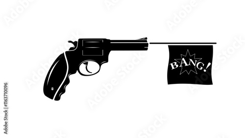 Revolver Gun With Bang Flag, black isolated silhouette