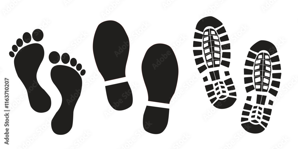Foot print vector illustration set with shoes bare feet and boot print Foot print vector illustration set with shoes bare feet and boot print