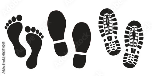 Foot print vector illustration set with shoes bare feet and boot print
