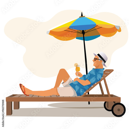 Senior man relaxing on a beach bed under umbrella with a cocktail isolated on white background.