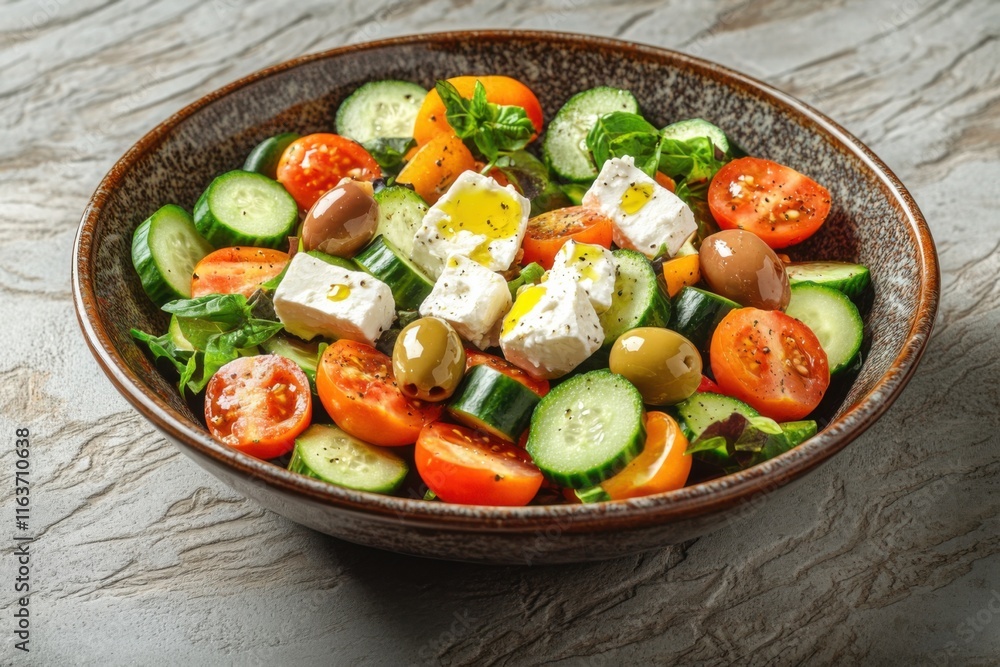 Fresh salad with tomatoes, cucumbers, olives, and feta cheese prepared on a textured surface Fresh salad with tomatoes, cucumbers, olives, and feta cheese prepared on a textured surface